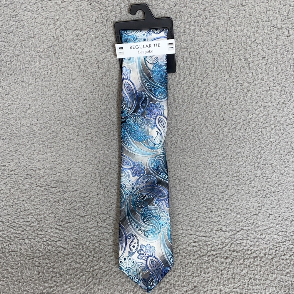 New BESPOKE Men's Tie Blue Silver Gray Black White Paisley Necktie